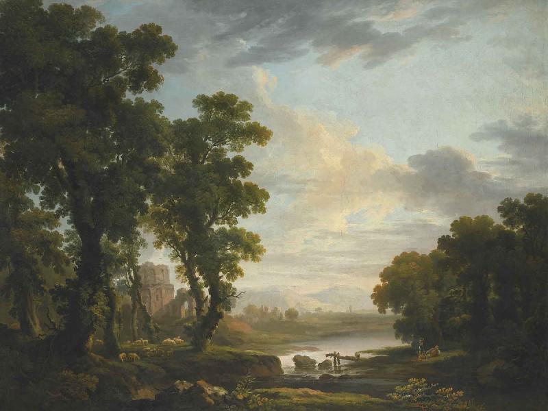 George Barret An extensive wooded river landscape with shepherds recicling in the foreground and ruins beyond Sweden oil painting art